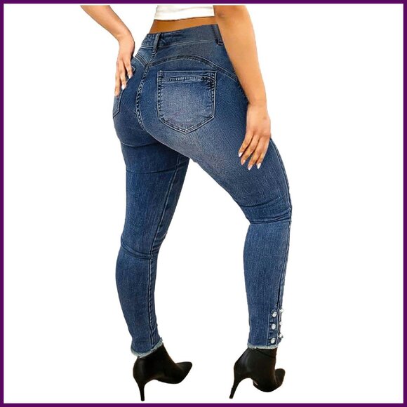 Denim - High Waist Tummy Control Skinny Boot Cut Jeans Raw Hem Stretch